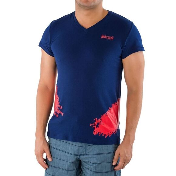 New Just Cavalli Men XS / 46 Navy Blue T-Shirt Red Print V-Neck Top Cotton - Picture 2 of 5